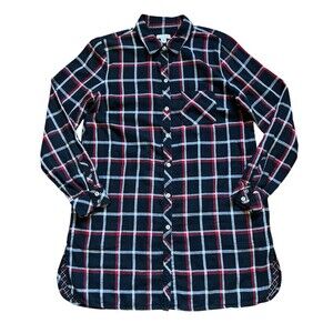 J JILL Black Red White Plaid Tunic Top Cotton Button Up Pockets Preppy Women's S